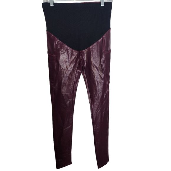 Maternity‎ Faux Leather Leggings Over The Belly Panel Burgundy - Picture 1 of 12